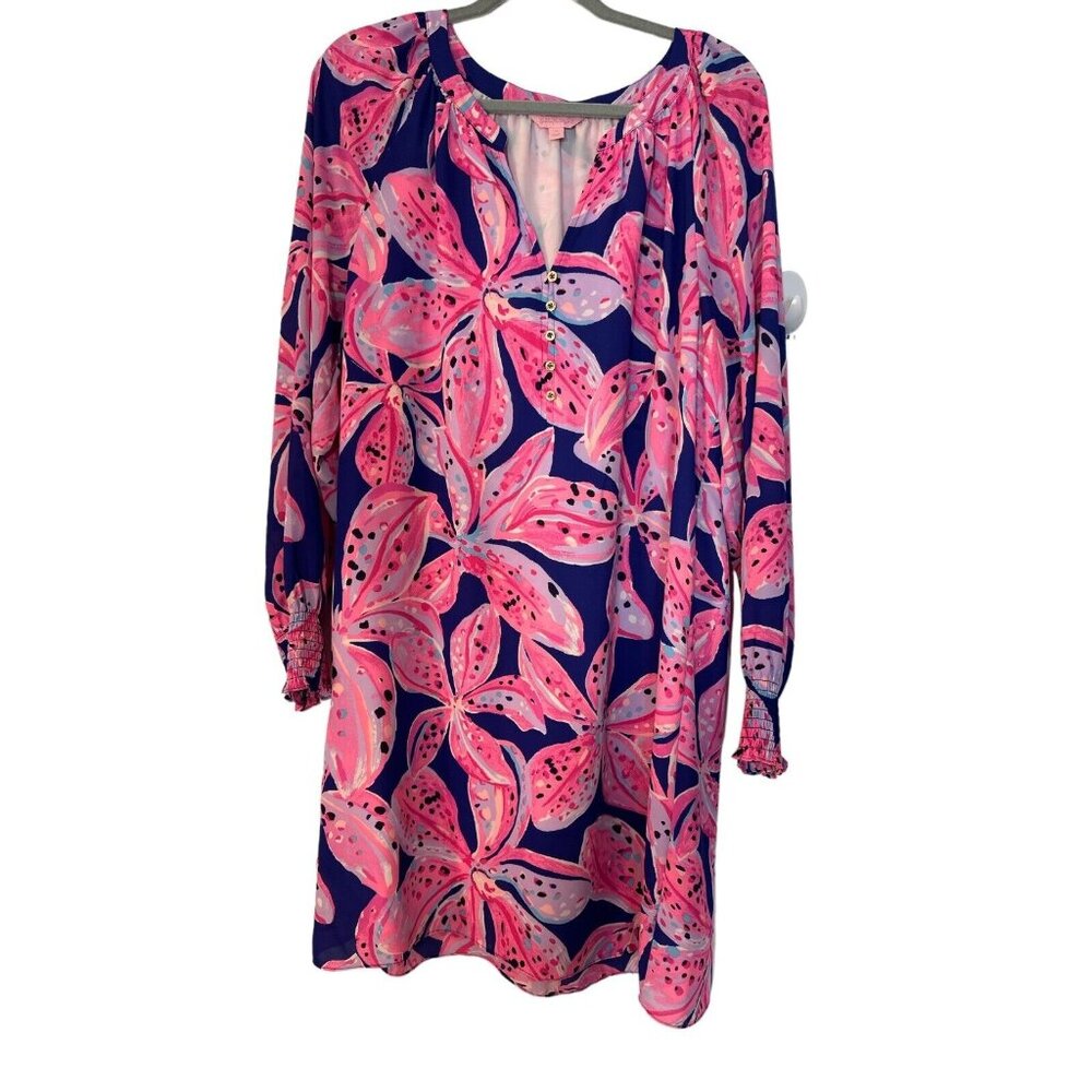 NWT Lilly Pulitzer Women's Pink/Navy Floral Print Long Sleeved V-neck Dress XL